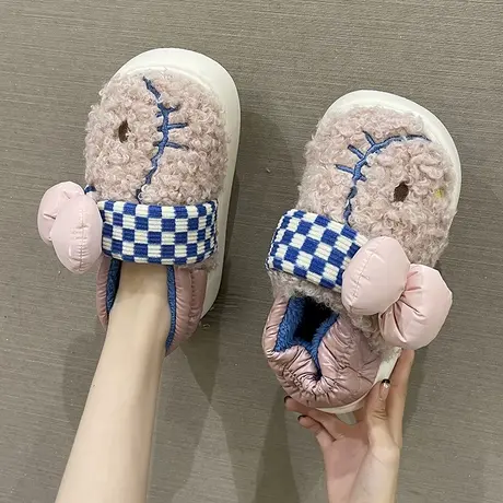 棉拖鞋女冬季厚底包跟可爱卡通蝴蝶结室内居家防滑毛绒保暖棉鞋商品大图