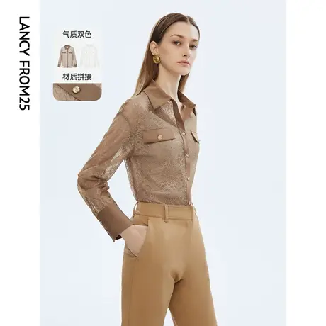 朗姿法式复古蕾丝polo领长袖通勤设计感气质衬衫秋季新款衬衣女商品大图