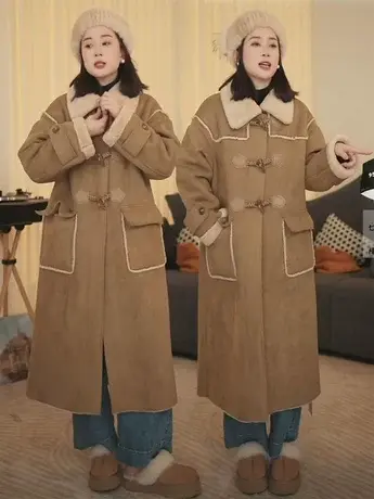 新款加厚仿皮草环保外套大衣秋冬女长款机车羊羔毛麂皮绒皮毛一体图片