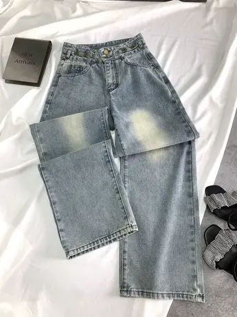 复古磨白两粒扣牛仔阔腿裤女2024春季新款显瘦百搭高腰宽松直筒裤图片