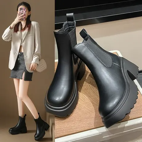 马丁靴女2024新款靴子女英伦风厚底切尔西靴小个子高跟短靴女粗跟图片