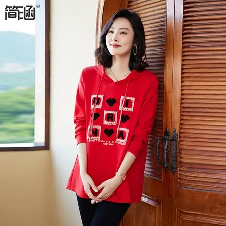 红色连帽卫衣简涵大码女装2024春季新款胖mm加肥加大时尚休闲上衣图片