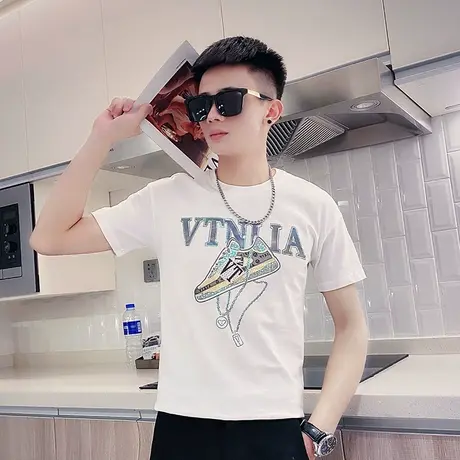 夏季男士t恤男装短袖半袖烫钻图案个性休闲修身潮流潮牌青年体恤商品大图