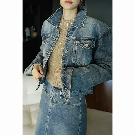 2023冬季新款女装垫肩纯棉复古休闲时尚大牌女士牛仔外套上衣女商品大图