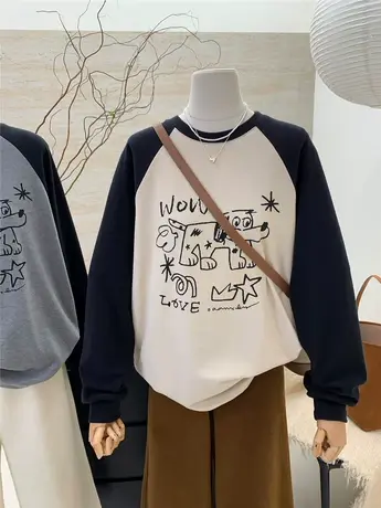 2023冬季新款韩系卡通德绒加厚插肩袖长袖t恤女士打底衫内搭上衣图片