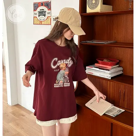 yoe23夏装酒红色oversize美式复古兔子200g加厚短袖t恤女上衣纯棉商品大图