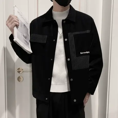 皮衣外套男秋季高级感条纹拼接上衣重磅潮牌网红痞帅机车工装夹克商品大图