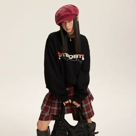 美式复古黑色印花卫衣女春秋2024新款潮牌宽松情侣装无帽套头上衣商品大图