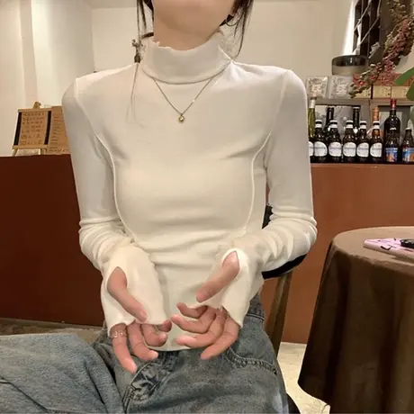 螺纹德绒内搭堆堆高领打底衫女秋冬修身显瘦外穿长袖T恤紧身上衣商品大图