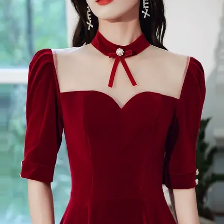 敬酒服新娘夏季酒红色平时可穿结婚订婚回门礼服连衣裙小个子丝绒商品大图