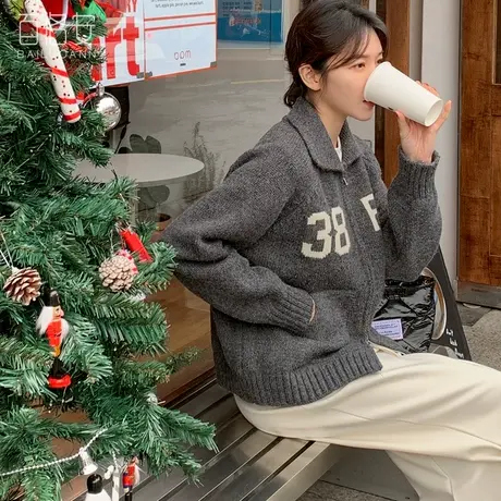 百洛安撞色字母提花毛衣外套女外搭开衫上衣春宽松长袖拉链针织衫图片