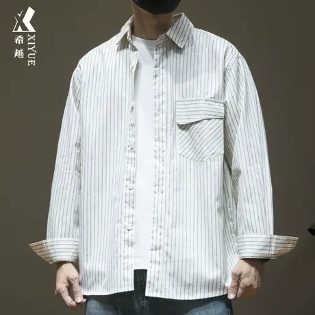 希越美式复古条纹衬衫男2024春秋新款宽松大码男士翻领衬衣外套潮商品大图