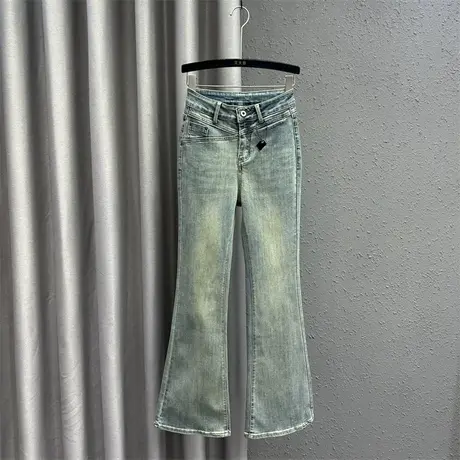 复古洗水微喇牛仔裤女2024春季新款高腰显瘦显腿长弹力拖地裤长裤图片