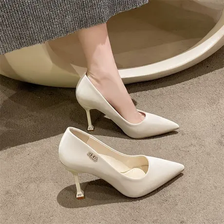 高跟鞋女2024新款春秋高级感细跟单鞋小个子9cm通勤白色百搭女鞋图片