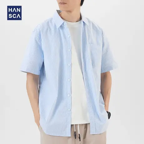 汉斯卡盐系蓝白条纹短袖衬衫男夏季高级感cityboy纯棉寸衫外套男商品大图