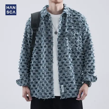 hansca秋季棋盘格长袖衬衫男痞帅潮流破洞设计感翻领休闲衬衣外套商品大图