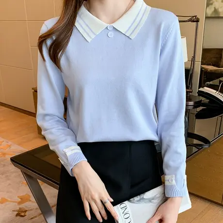 【3月4春新品8折】时尚百搭显瘦拼色条纹边上衣长袖POLO领打底衫图片