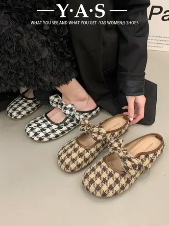 2024年新款千鸟格包头半拖鞋女外穿蝴蝶结平底无后跟豆豆鞋配裙子商品大图