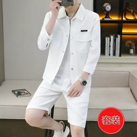 休闲帅气七分中袖外套夏季男士夹克搭配潮流五分裤华夫格子一套装商品大图