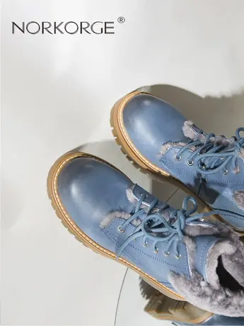 2023新款冬季复古蓝色真皮圆头短靴真毛防滑保暖羊毛显瘦马丁靴女商品大图