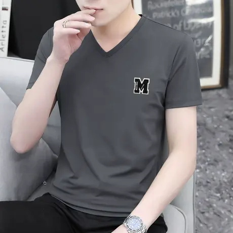 莫代尔短袖t恤男潮牌潮流V领上衣服夏季修身冰丝速干凉感半袖体恤商品大图
