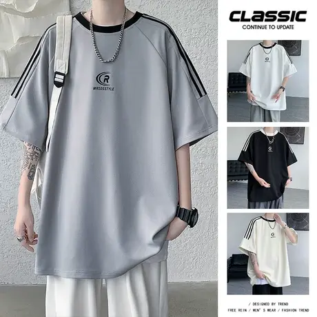 夏季短袖T恤男潮牌oversize休闲半袖宽松2023新款男装港风体恤衫商品大图