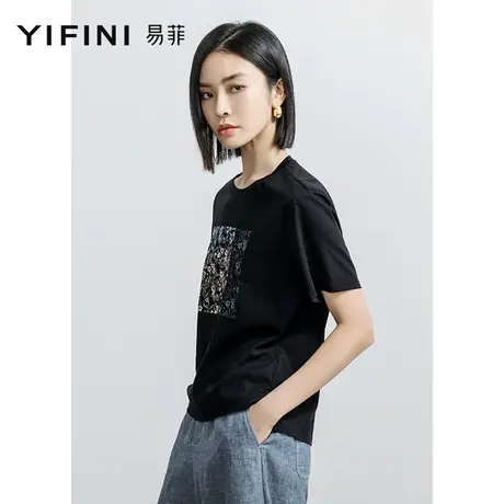 Yifini/易菲宽松短袖圆领印花T恤女2023夏季新款百搭体恤短款上衣商品大图