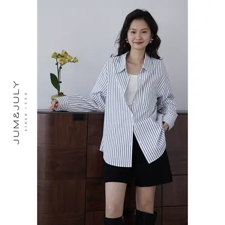 嘉茱莉2023早秋新款韩版条纹衬衫女POLO领宽松慵懒风上衣外套简约商品大图