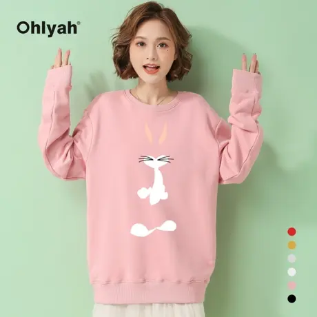 Ohlyah品牌粉色卫衣女士2023新款气质可爱小兔子印花圆领上衣学生商品大图