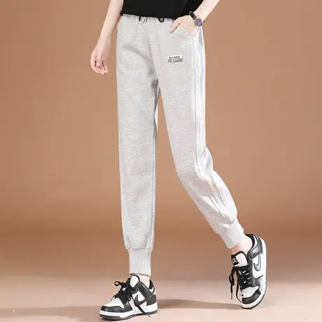 韩潮袭人松紧腰刺绣黑色运动裤女2023秋季新款显瘦束脚哈伦卫裤子图片