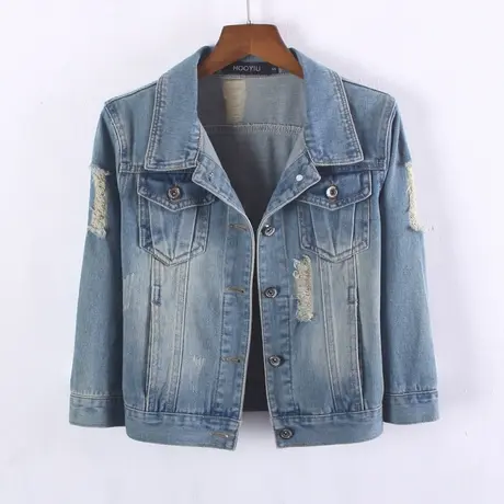 牛仔外套女春秋超短款修身新款显瘦长袖牛仔服上衣破洞中袖商品大图