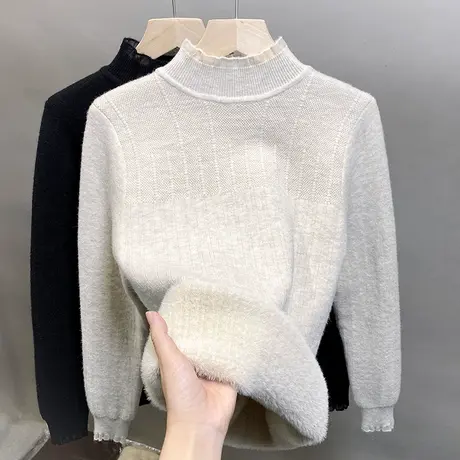 加绒半高领毛衣女蕾丝一体绒厚打底衫2023秋冬新款针织衫内搭上衣商品大图