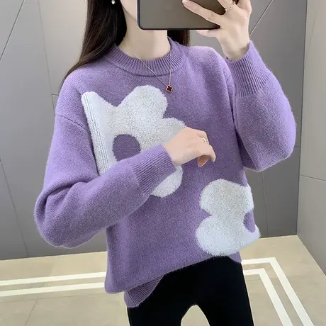 秋季2023年新款水晶绒毛衣女宽松圆领套头打底衫女外穿洋气针织衫商品大图