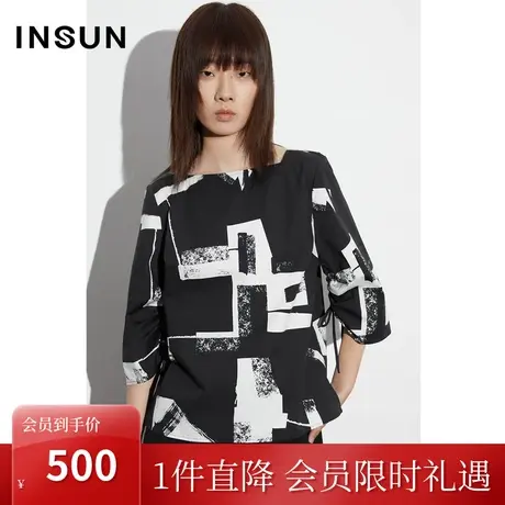 恩裳COVER2023夏新款不规则几何时尚原创花型一字领挺括棉质衬衫商品大图