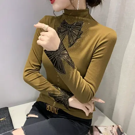 加绒半高领打底衫女秋冬2023新款网纱拼接长袖T恤内搭修身上衣ins图片