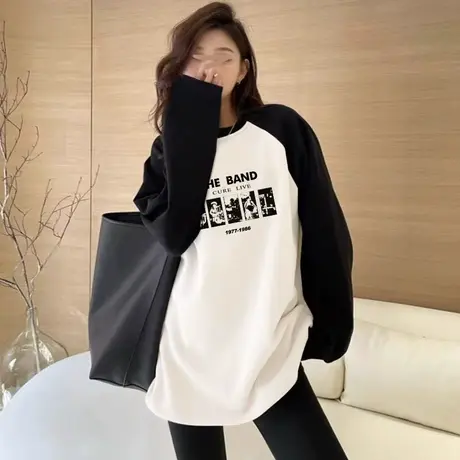 插肩袖长袖t恤女中长款遮屁股上衣2023春季新款复古宽松美式体恤图片