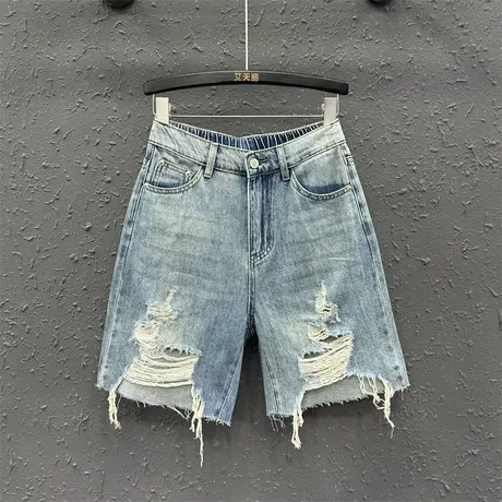 欧货个性做旧牛仔裤女夏季新款时尚破洞乞丐裤高腰显瘦五分直筒裤图片