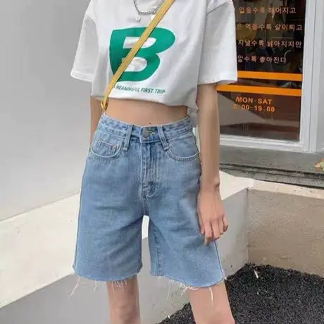 爱心牛仔短裤子女夏季薄款宽松高腰直筒显瘦百搭五分阔腿裤潮ins图片