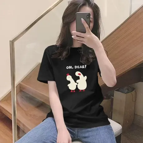 黑色t恤短袖女夏季新款ins潮牌圆领纯棉正肩半袖体恤汗衫打底上衣商品大图