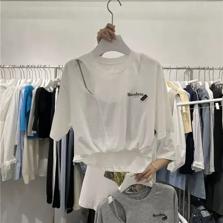 短袖t恤女2021夏装新款法式露肩心机设计感休闲显瘦假两件上衣潮图片