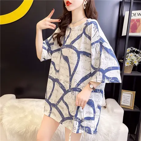 短袖T恤女夏宽松韩版中长款大码女装ins超火减龄上衣洋气连衣裙子图片