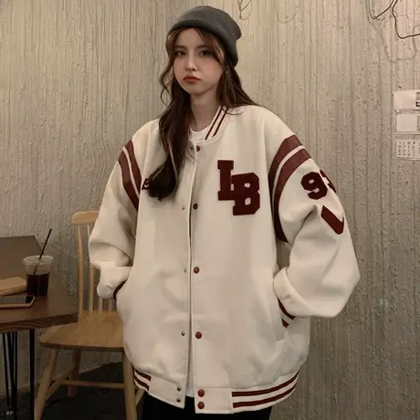 美式街头棒球服女夹克秋冬加绒加厚ins潮慵懒风复古盐系炸街外套图片