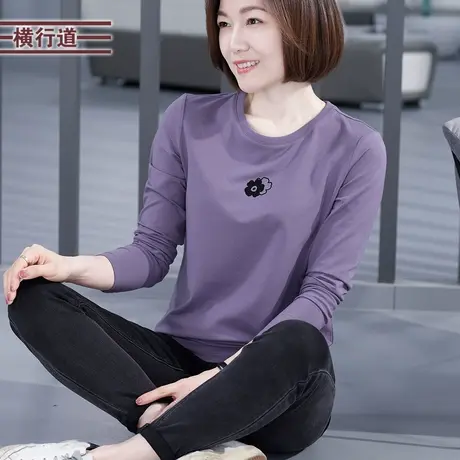 横行道圆领印花休闲宽松纯色长袖女t恤打底衫冬装新款妈妈上衣服商品大图