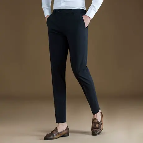 POWO西裤男士商务修身直筒裤子夏季薄款藏青色速干弹力职业西装裤商品大图