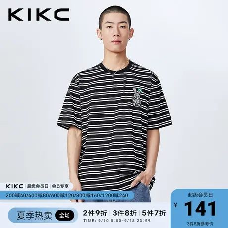 kikct恤男2023春夏新款商场同款卡通刺绣经典宽松圆领条纹短袖图片