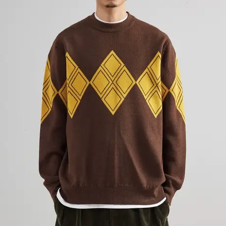 双11限量特价菱形提花圆领毛衣男2022秋冬新款潮流加厚针织衫毛衫图片