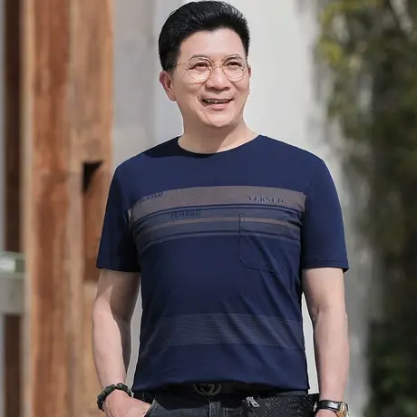 夏季中年男士短袖t恤宽松圆领冰丝光棉老人半袖新款体恤衫爸爸装商品大图