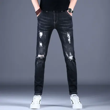 男士新款秋款牛仔裤子简约破洞修身黑色百搭小脚裤2023男潮牌休闲商品大图