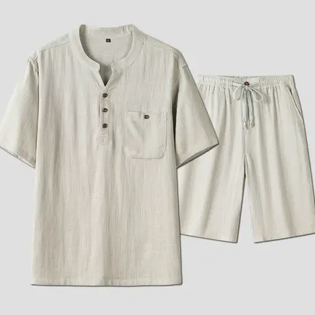 爸爸冰丝T恤套装男士中国风男装中老年人亚麻短袖短裤休闲两件套图片