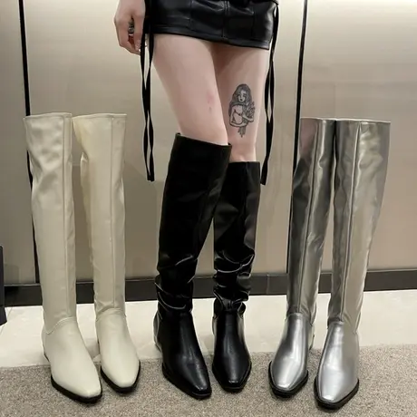 小众银色堆堆过膝长靴女靴子2023年新款夏季高筒骑士靴春秋长筒靴图片